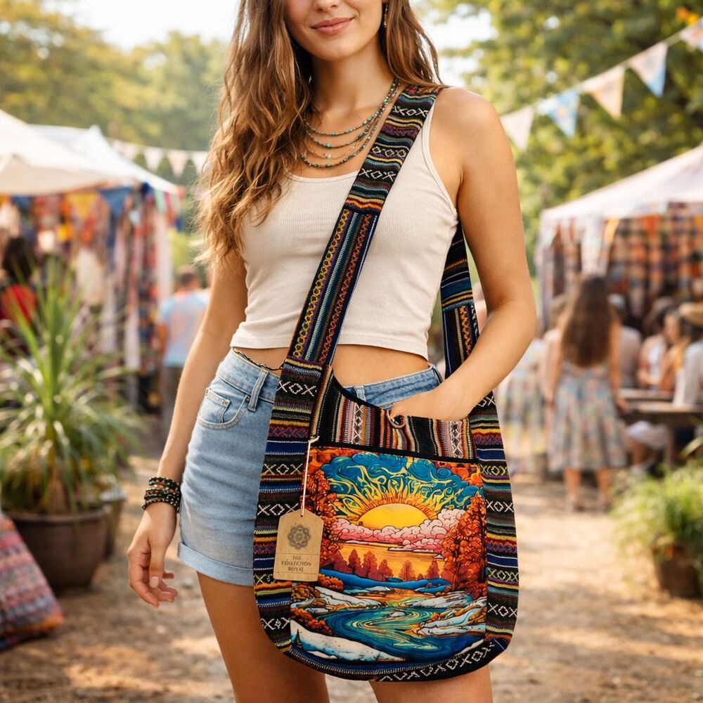 Baja Crossbody Hobo Bag Sunshine Daydream River Tribal Fabric Handmade Nepal